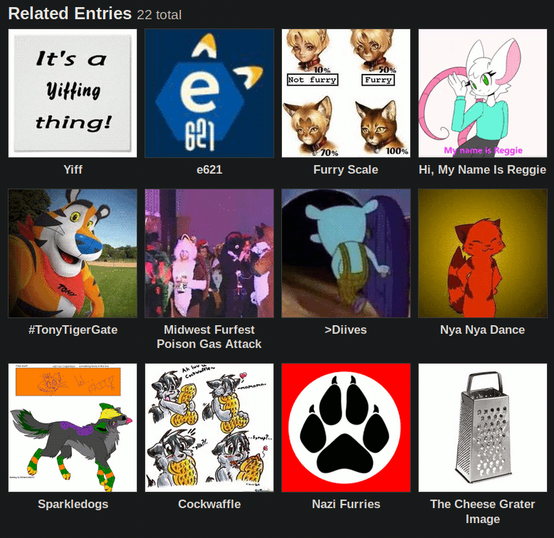 A picture of related articles on Know Your Meme about furries.