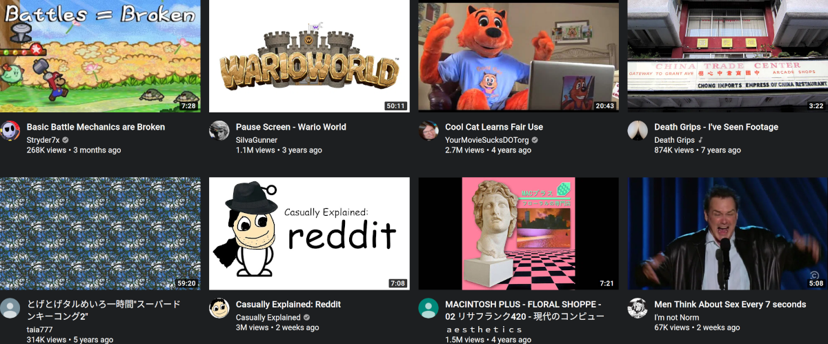 A grid of eight YouTube recommendations. They are mediocre.