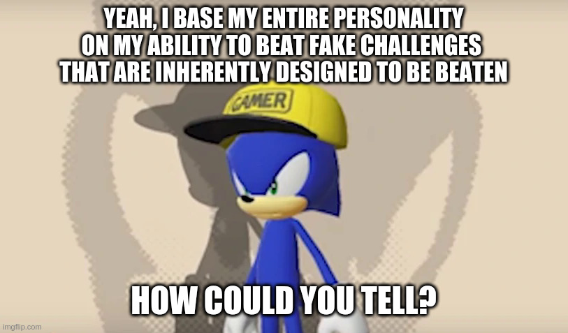 A meme featuring a Sonic Forces original character wearing a hat that says “Gamer”. Top text: “Yeah, I base my entire personality on my ability to beat fake challenges that are inherently designed to be beaten”. Bottom text: “How could you tell?”.